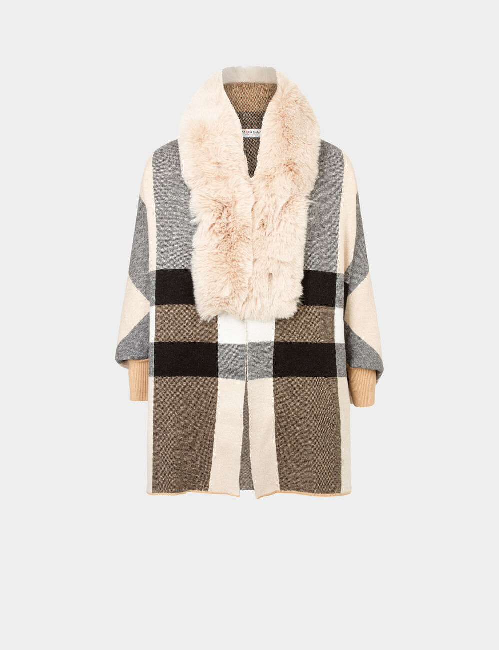 Poncho con detalles pelo de imitación arena mujer