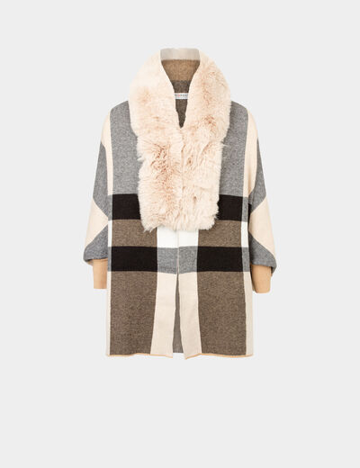 Poncho con detalles pelo de imitación arena mujer
