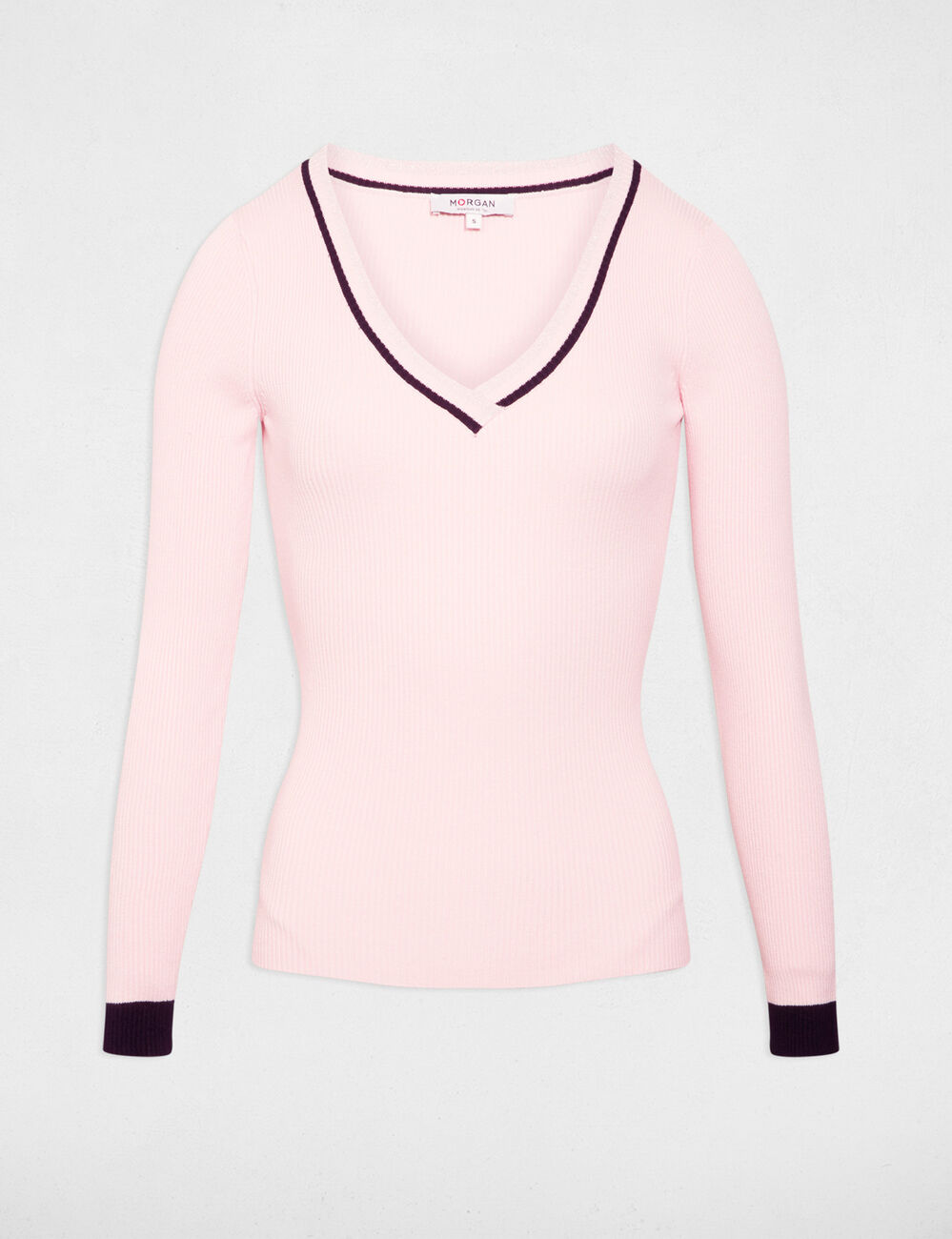 Jersey manga larga con escote en V rosa claro mujer