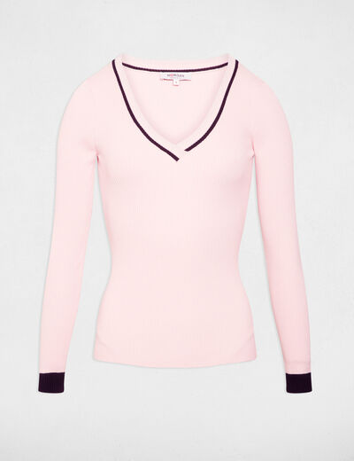 Jersey manga larga con escote en V rosa claro mujer