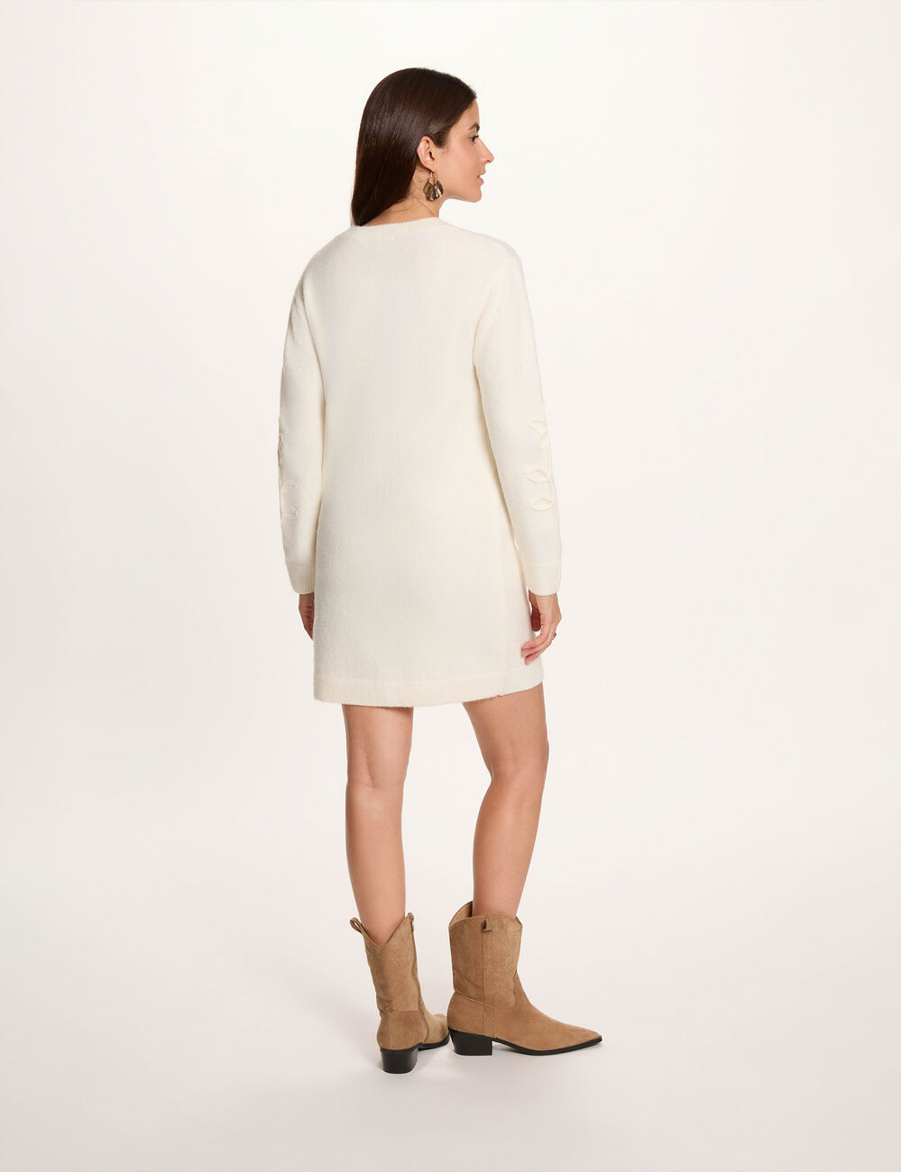 Vestido de punto manga larga marfil mujer