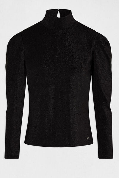 Camiseta manga larga con lentejuelas negro mujer
