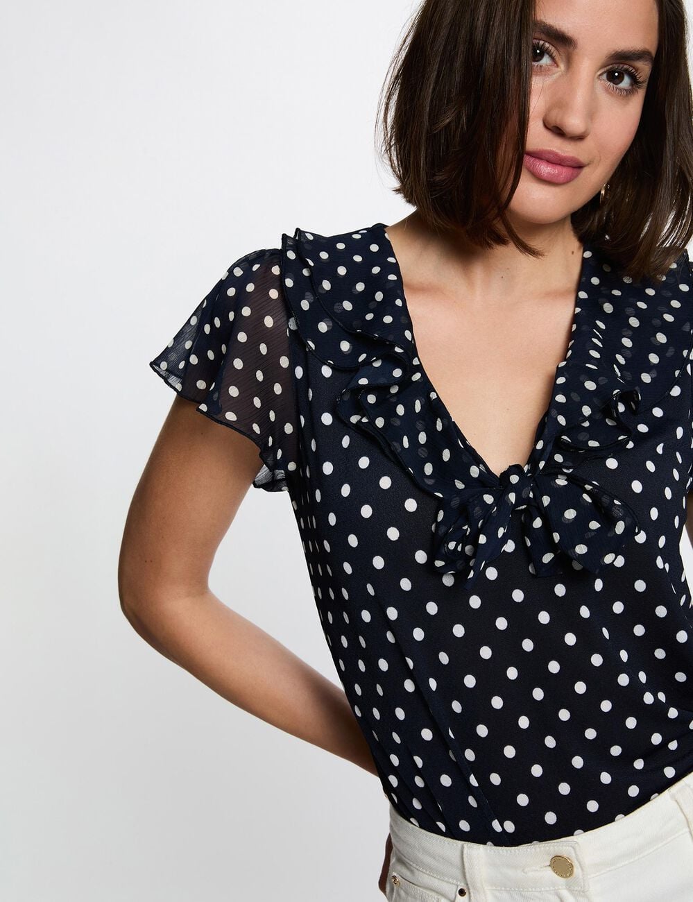 Camiseta de voile con cuello en V azul marino mujer