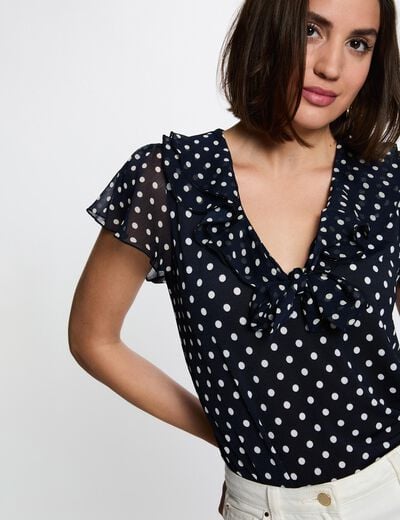 Camiseta de voile con cuello en V azul marino mujer