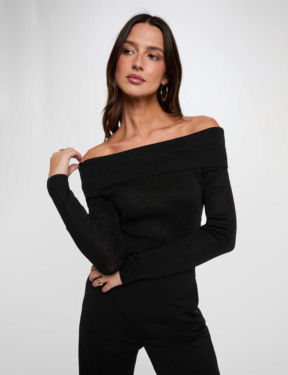 Jersey con cuello bardot metalizado negro mujer