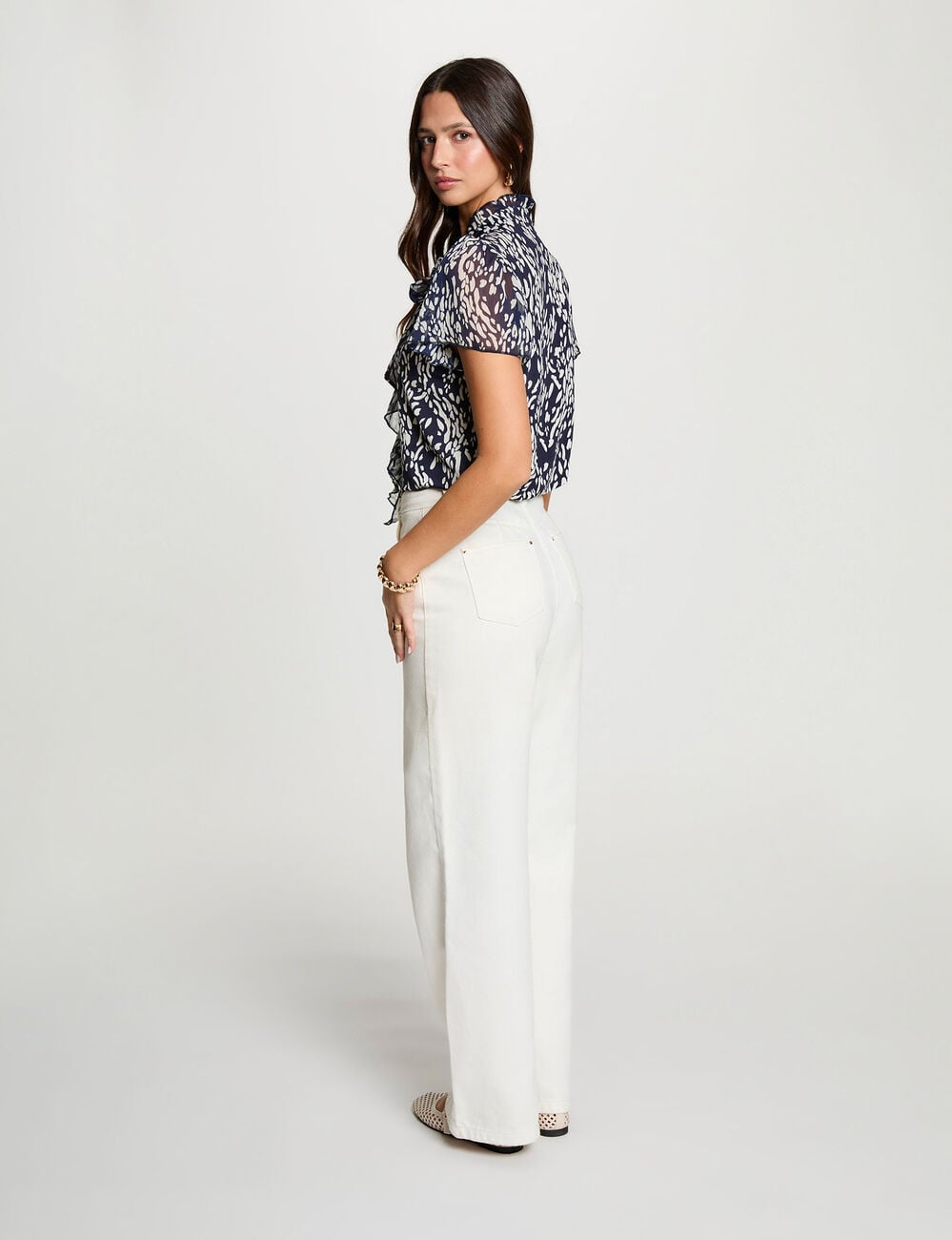Camisa con cuello anudado azul marino mujer