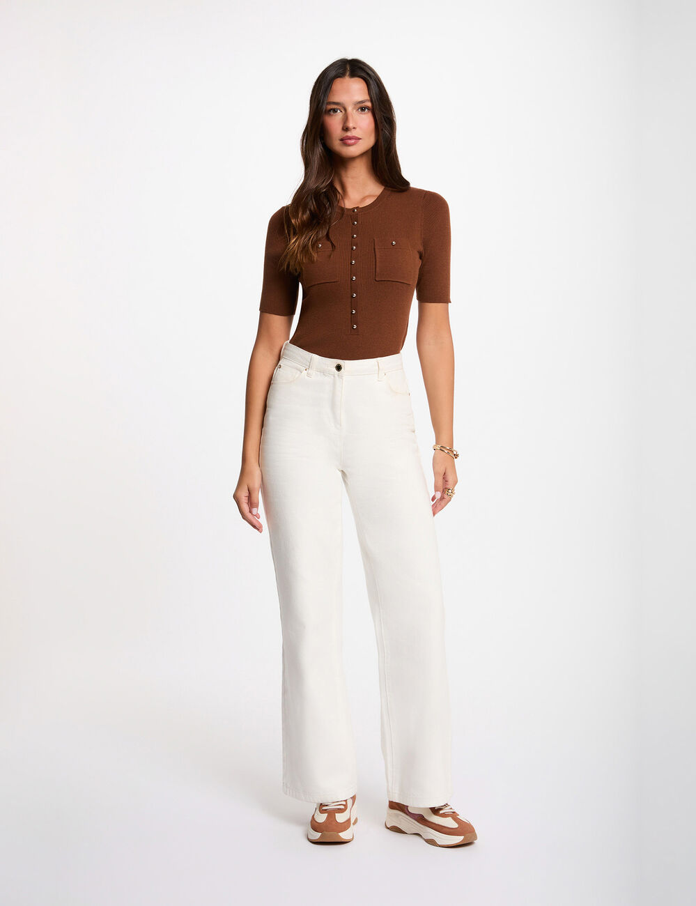 Jersey cuello redondo mangas cortas marr&oacute;n chocolate mujer