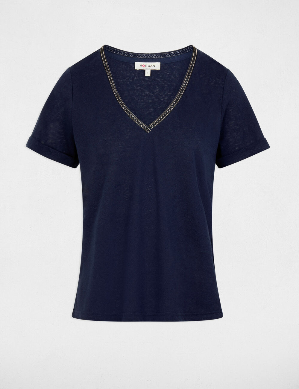 Camiseta con cuello en v con perlas azul marino mujer