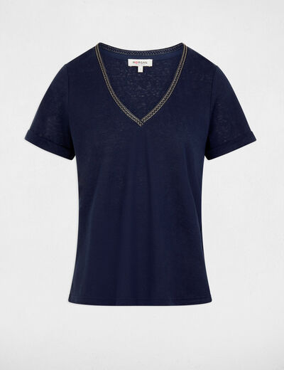 Camiseta con cuello en v con perlas azul marino mujer