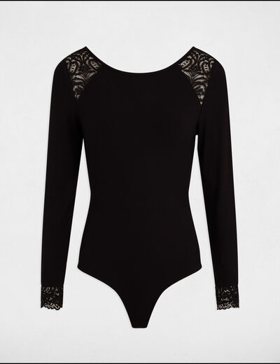 Body acanalado manga larga negro mujer