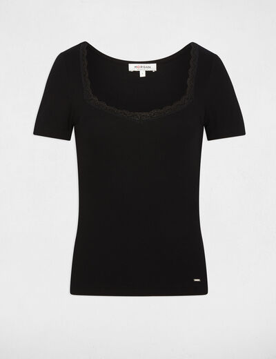 Camiseta entallada con cuello coraz&oacute;n negro mujer