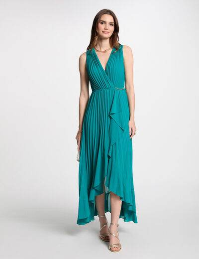 Vestido largo holgado plisado azul turquesa mujer