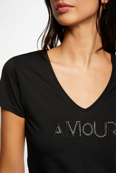 Camiseta de manga corta con mensaje negro mujer