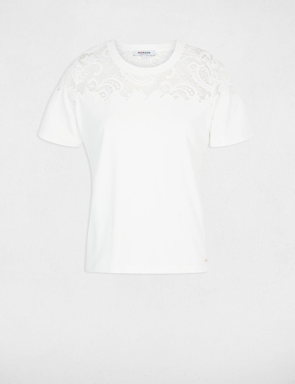 Camiseta de encaje manga corta blanco mujer