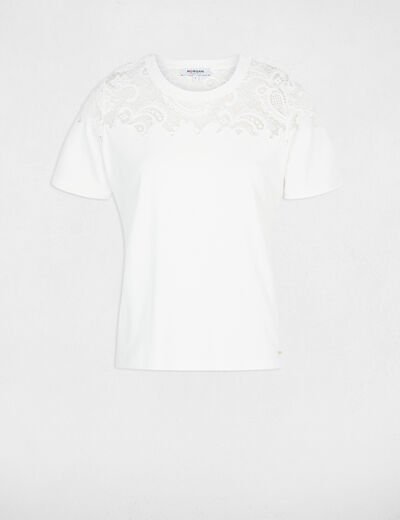 Camiseta de encaje manga corta blanco mujer
