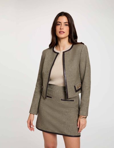 Falda de tweed de tiro alto verde caqui mujer