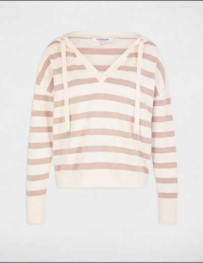Jersey escote en V y capucha marfil mujer