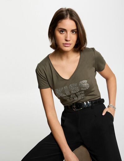 Camiseta con mensaje verde caqui mujer