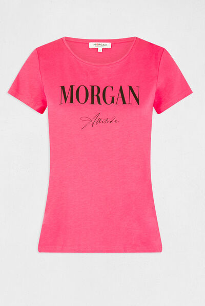 Camiseta de manga corta con mensaje fucsia mujer