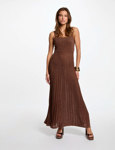 Vestido punto largo recto marrón coñac mujer
