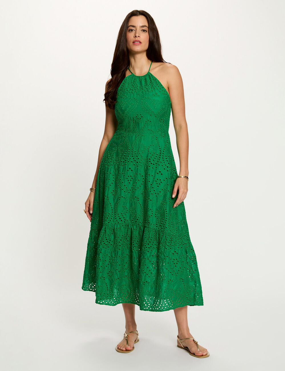Vestido largo con bordado ingl&eacute;s verde pradera mujer