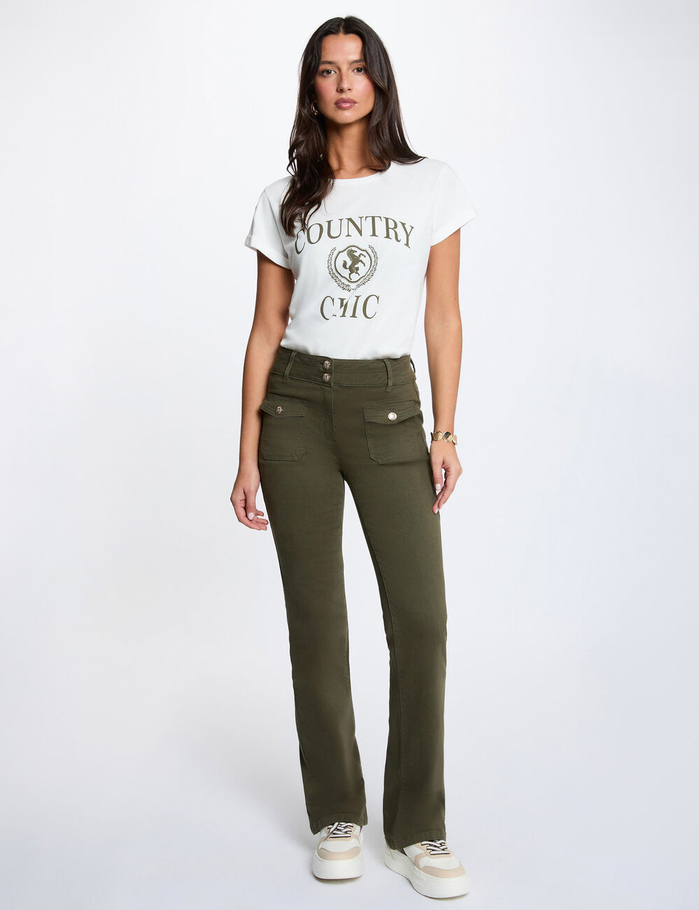 Pantal&oacute;n bootcut verde caqui mujer