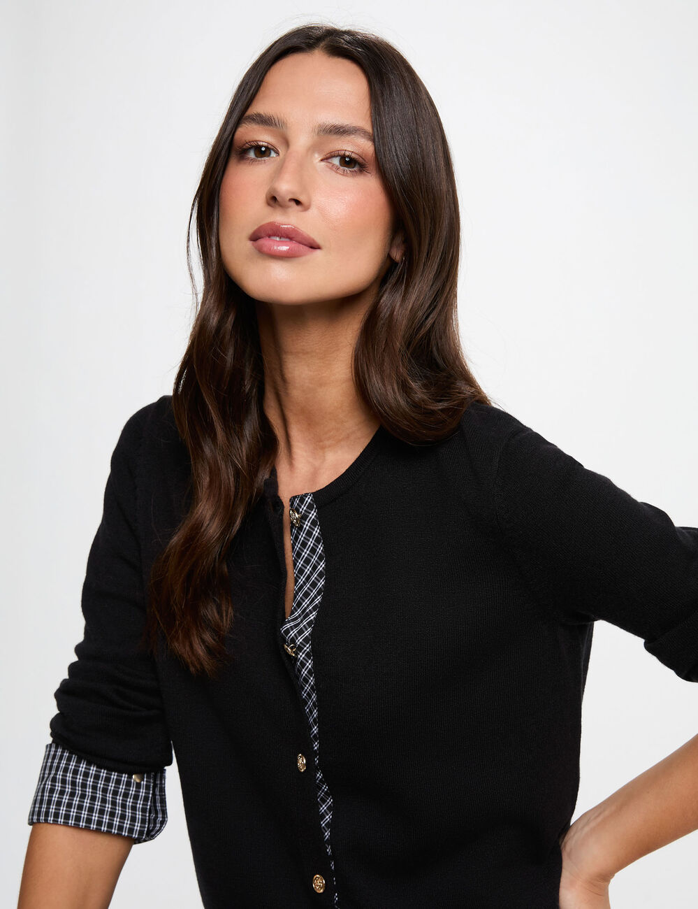 C&aacute;rdigan recto con cuello redondo negro mujer