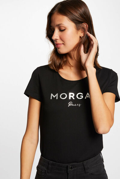 Camiseta de manga corta con mensaje negro mujer