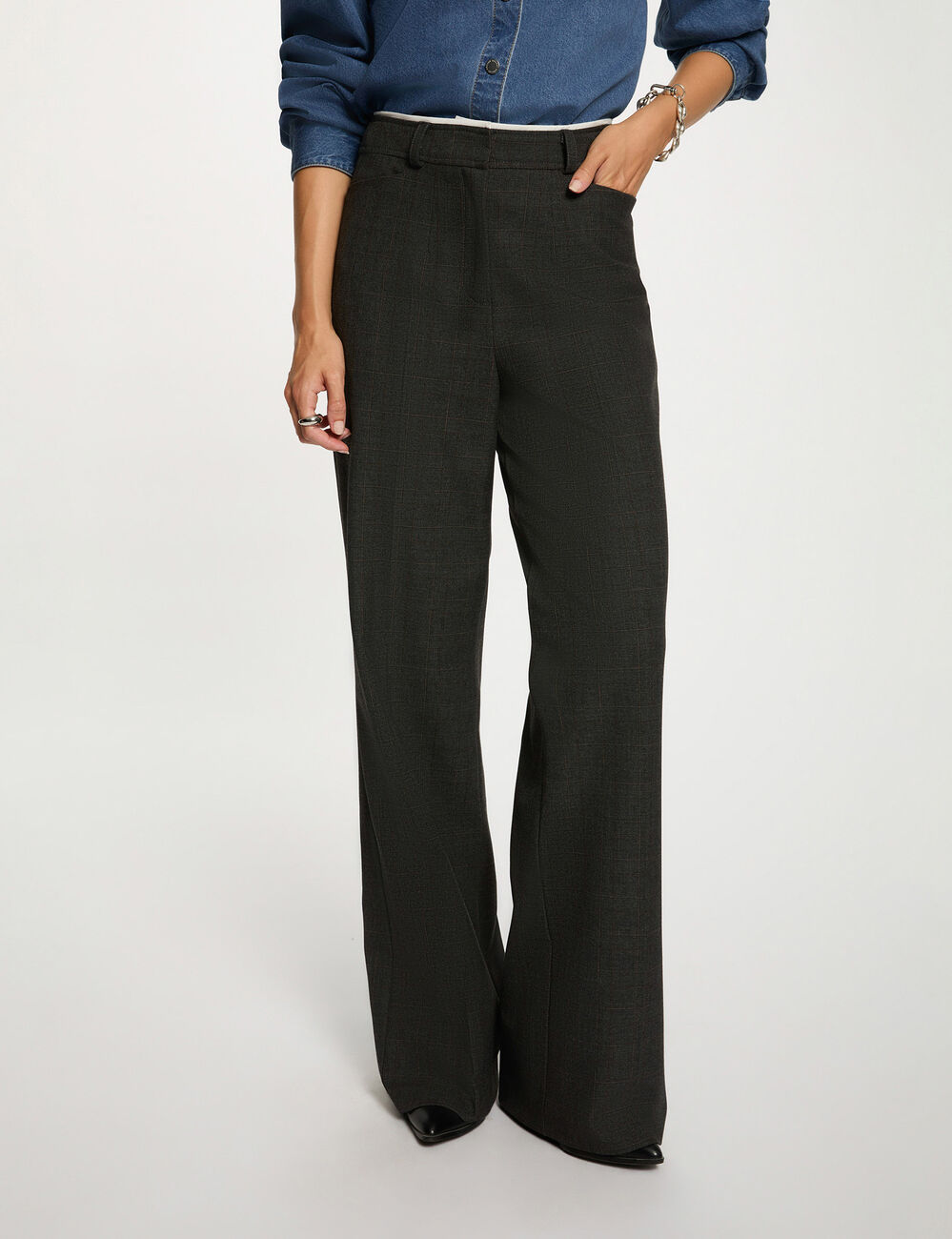 Pantal&oacute;n ancho de tiro alto gris moyen mujer