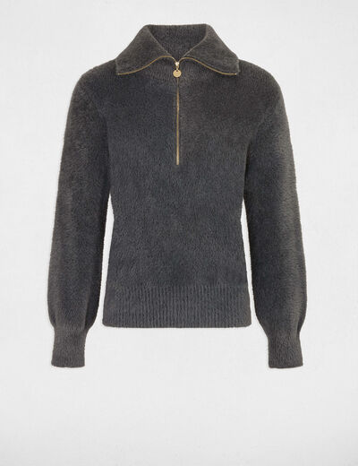 Jersey manga larga cuello con cremallera gris anthracite mujer