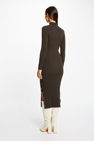 Vestido de punto midi ajustado abertura verde oscuro mujer