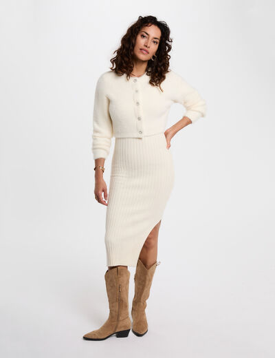 Vestido de punto entallado marfil mujer