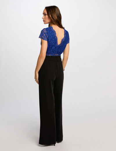 Camiseta encaje y escote en V azul eléctrico mujer