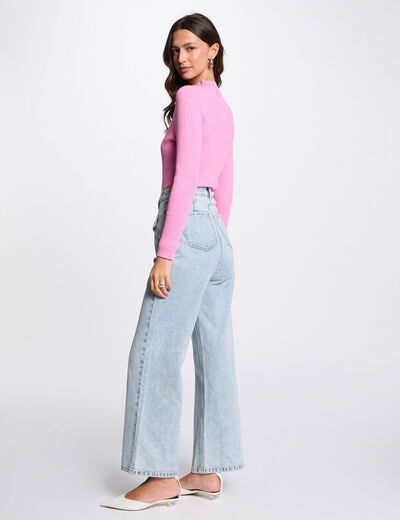 Jersey acanalado cuello alto rosa mujer