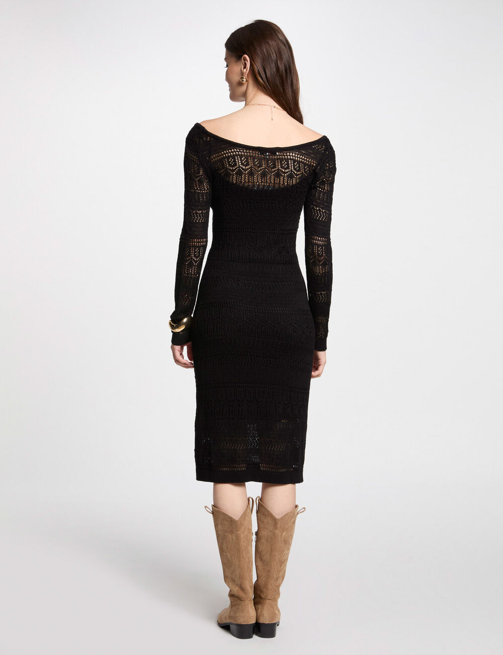 Vestido punto largo ajustado negro mujer