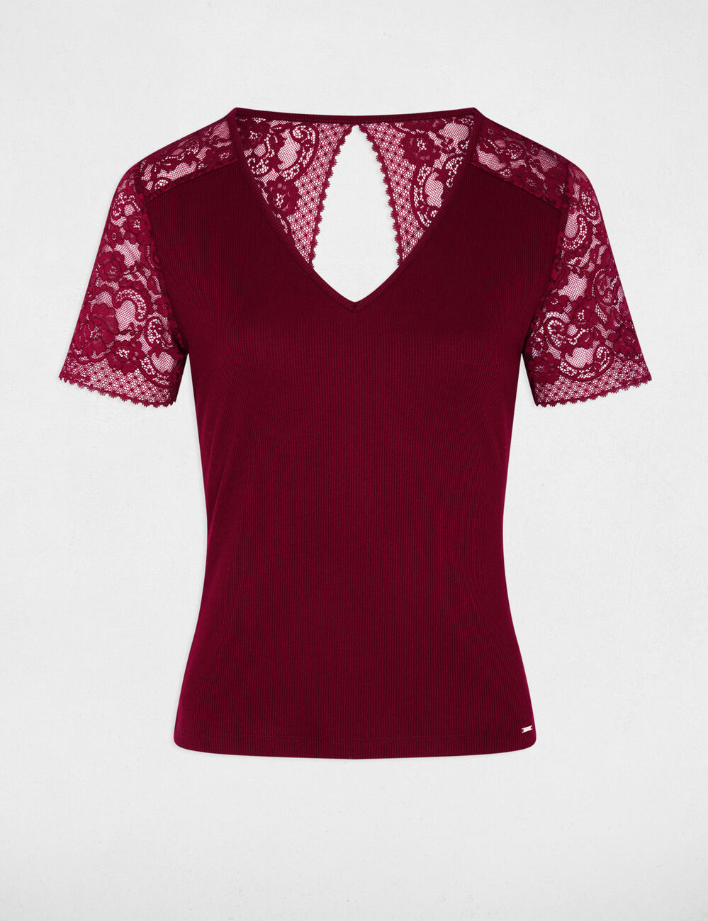 Camiseta de encaje con cuello en V burdeos mujer