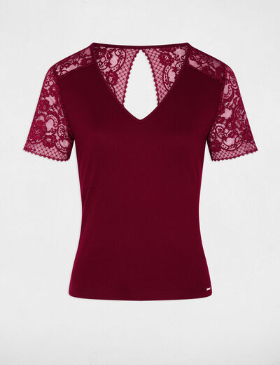 Camiseta de encaje con cuello en V burdeos mujer
