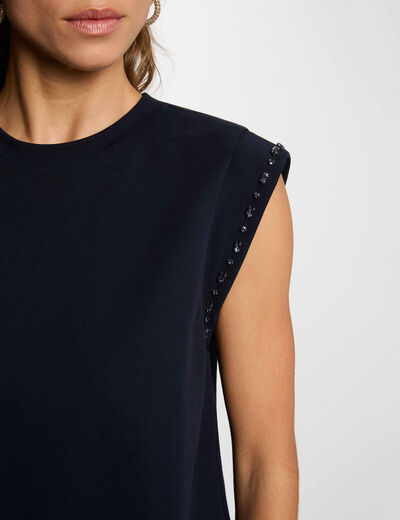 Camiseta cuello redondo con strass azul marino mujer