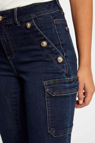 Vaquero cargo skinny con botones vaquero en bruto mujer