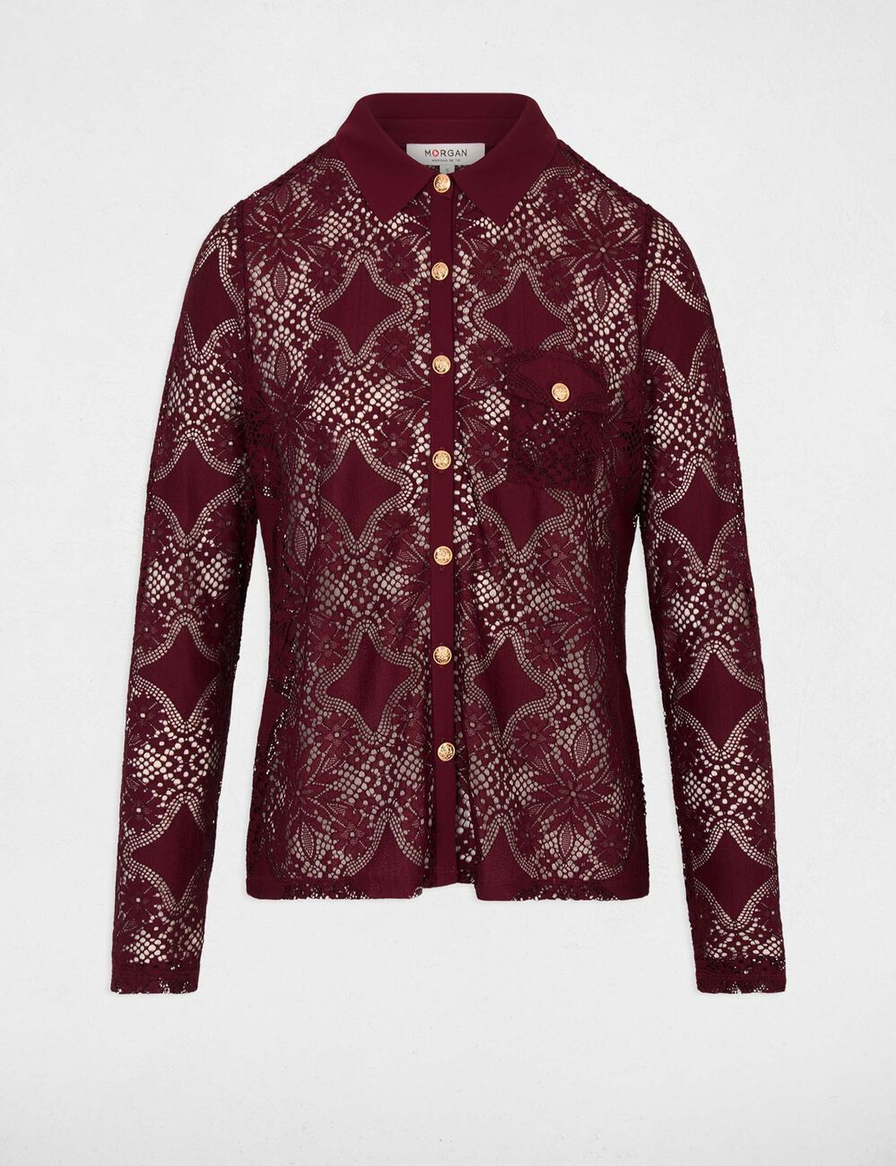 Camisa de encaje con cuello vuelto burdeos mujer