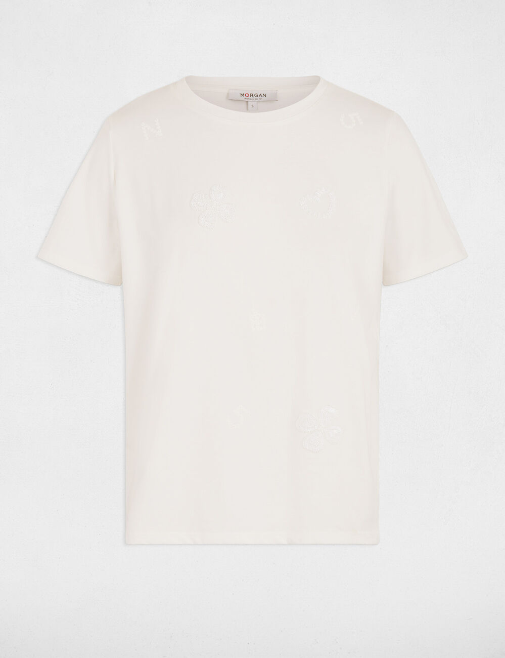 Camiseta bordada cuello redondo blanco mujer