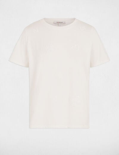 Camiseta bordada cuello redondo blanco mujer
