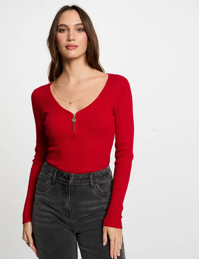 Jersey manga larga acanalado rojo mujer