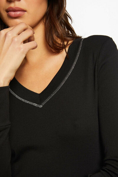 Camiseta manga larga con escote en V negro mujer
