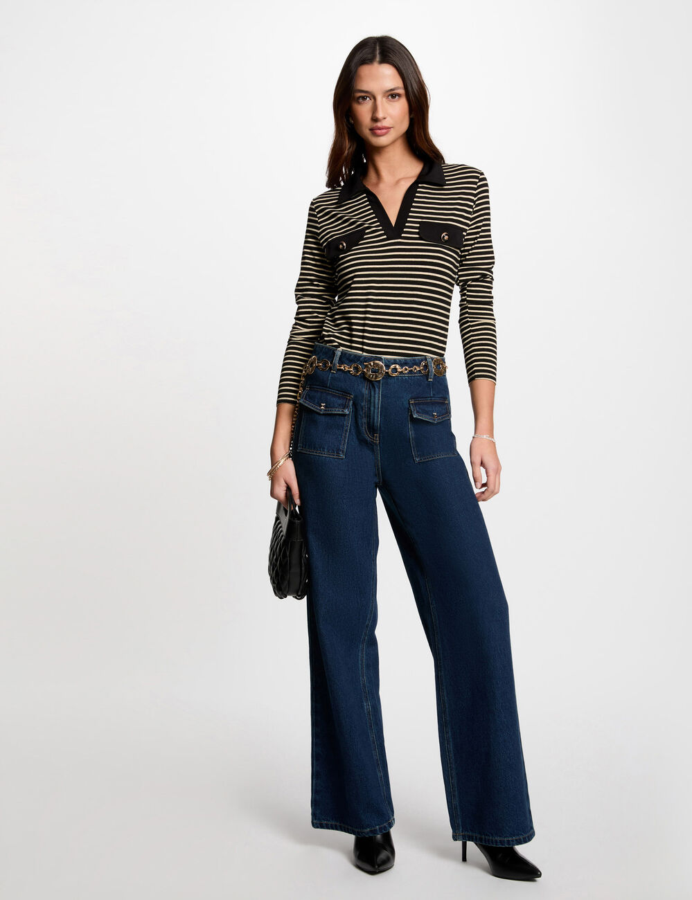 Polo manga larga y rayas negro mujer