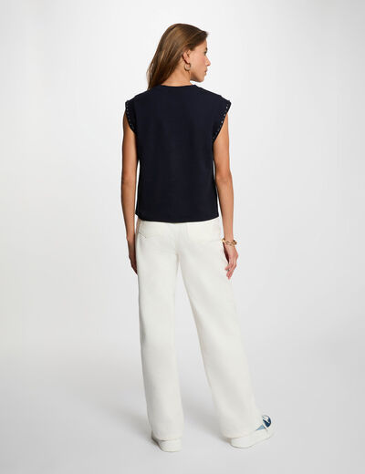 Camiseta cuello redondo con strass azul marino mujer