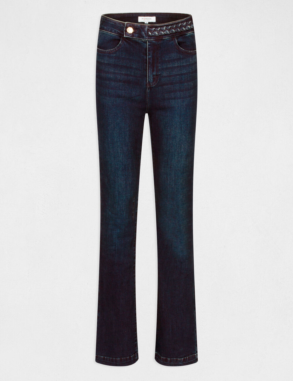Vaquero recto con detalles trenzados denim crudo mujer