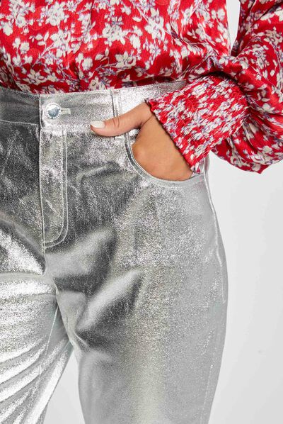Pantalón recto cuero sintético plateado mujer
