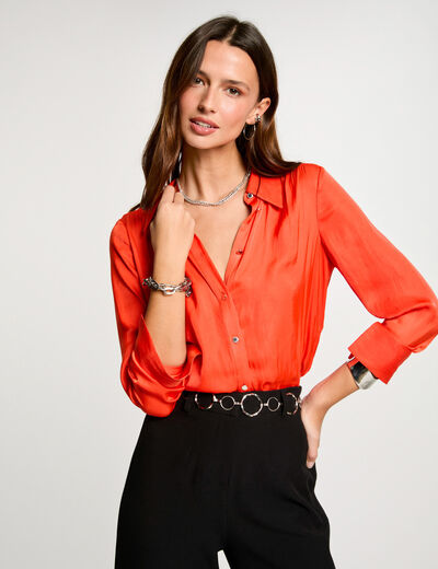 Camisa manga larga satinada naranja oscuro mujer