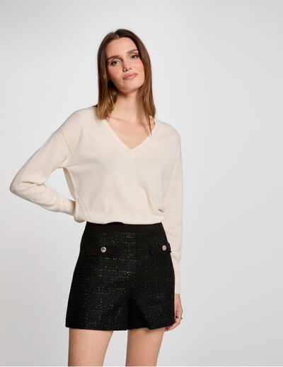Jersey escote en V manga larga marfil mujer